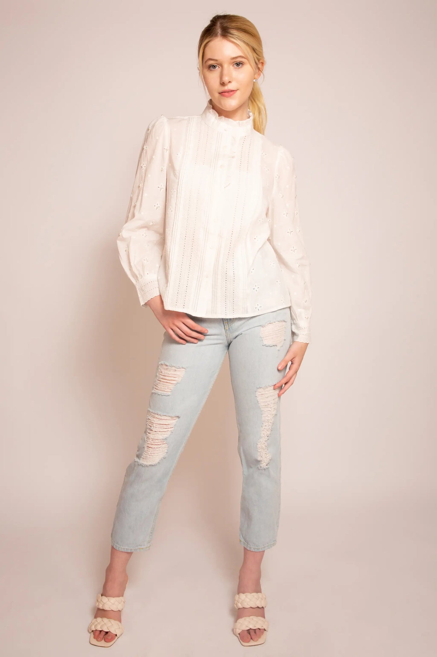 Fleurette Embroidered Pearl Sleeve Blouse