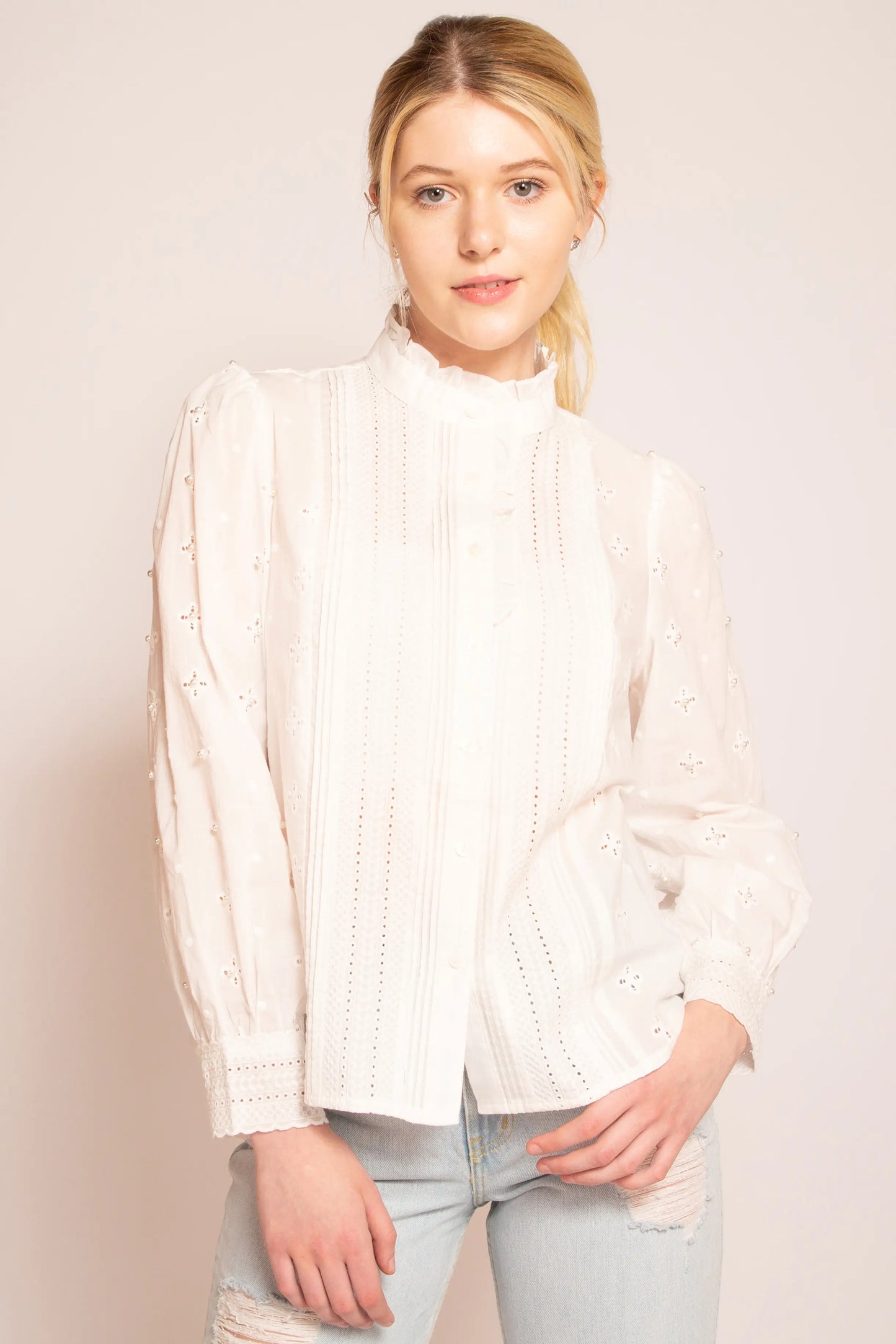 Fleurette Embroidered Pearl Sleeve Blouse